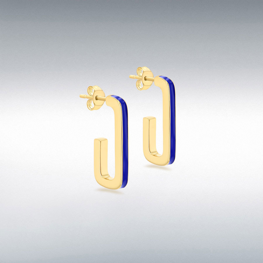 Sterling Silver Yellow Gold Plated 2.5mm x 20mm Blue Enamel J-Shape Stud Earrings