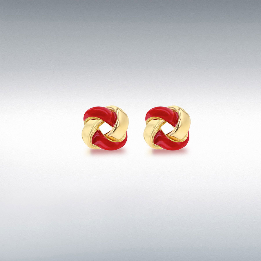 Sterling Silver Yellow Gold Plated 7.5mm Red Enamel Small Knot Stud Earrings