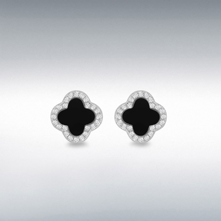 Sterling Silver Rhodium Plated 11mm Clover Black Agate and 1.1mm White CZ Stud Earring