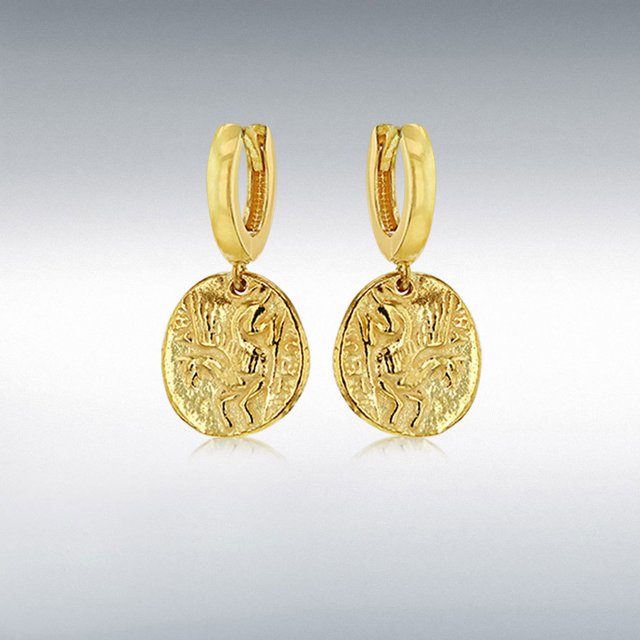 Sterling Silver Yellow Gold Plated 12.5mm x 25.5mm Reversible Roman Coin Creole Earrings