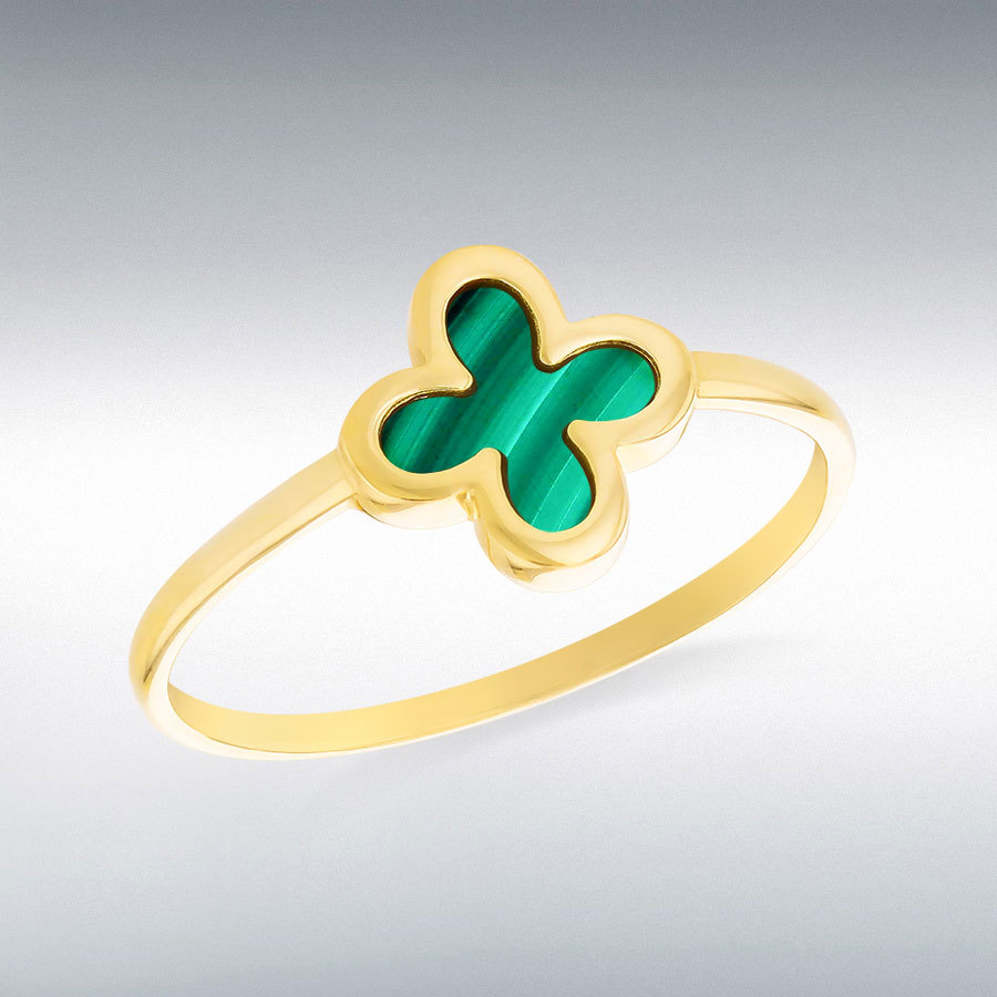 9ct Yellow Gold 8.6mm Clover Malachite Ring