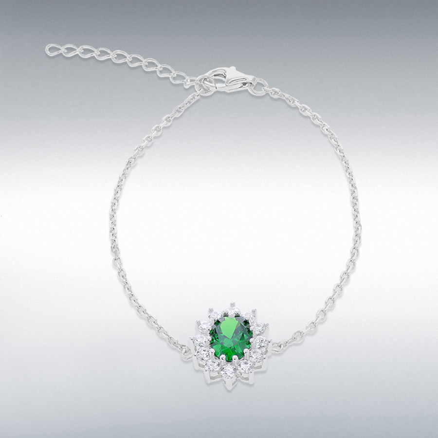 Sterling Silver Rhodium Plated Green and White CZ 12mm x 13.5mm Flower Cluster Bracelet 16cm/6.25"-19cm/7.5"