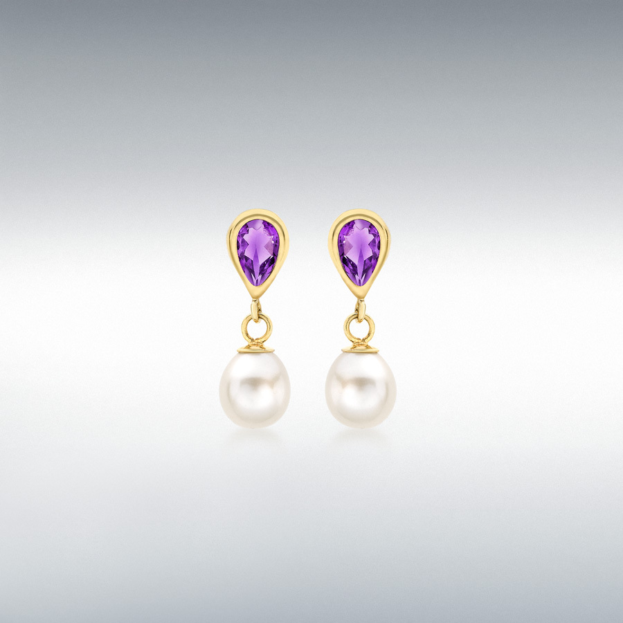 9ct Yellow Gold Amethyst and Freshwater Pearl 5mm x 17mm Drop Earrings