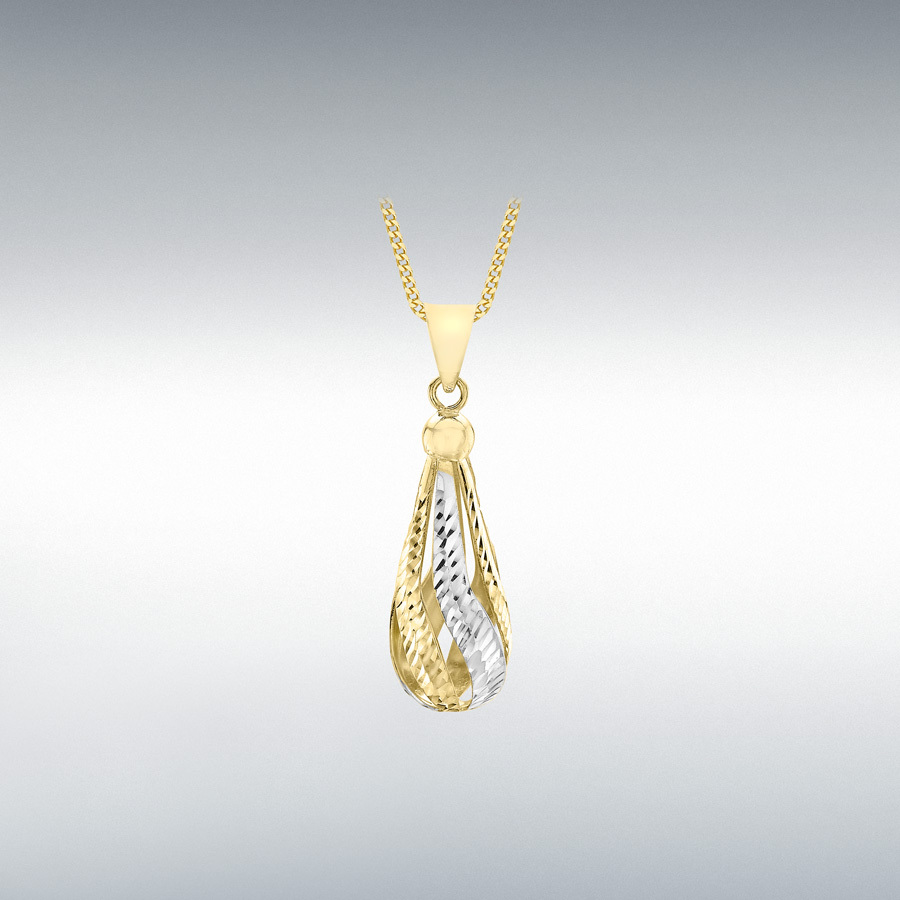 9ct 2-Colour Gold 8mm x 22mm Diamond Cut Pear-Shaped Drop Pendant 