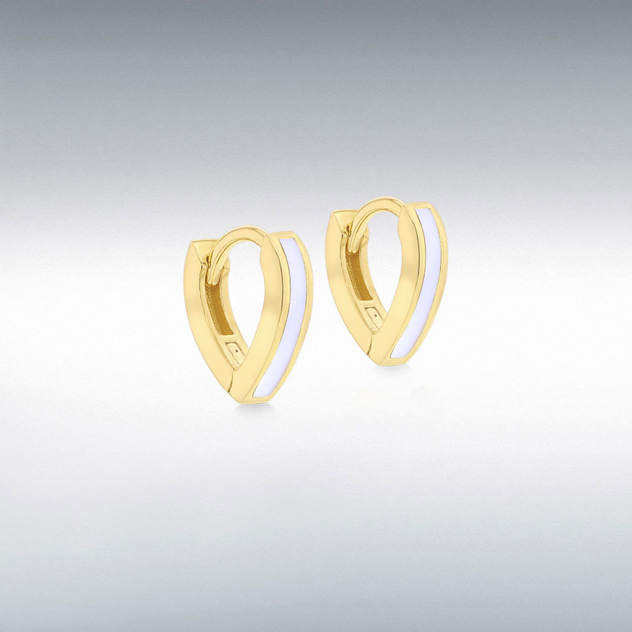 Sterling Silver Yellow Gold Plated White Enamel V-Shape Huggie Hoop Earrings