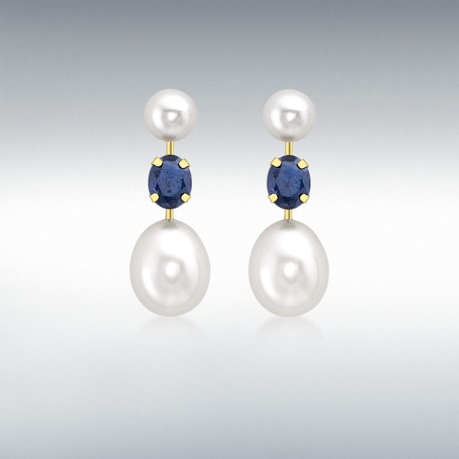 9ct Yellow Gold Sapphire and 2 Freshwater Pearls 7.5mm x 21mm Stem Drop Earrings