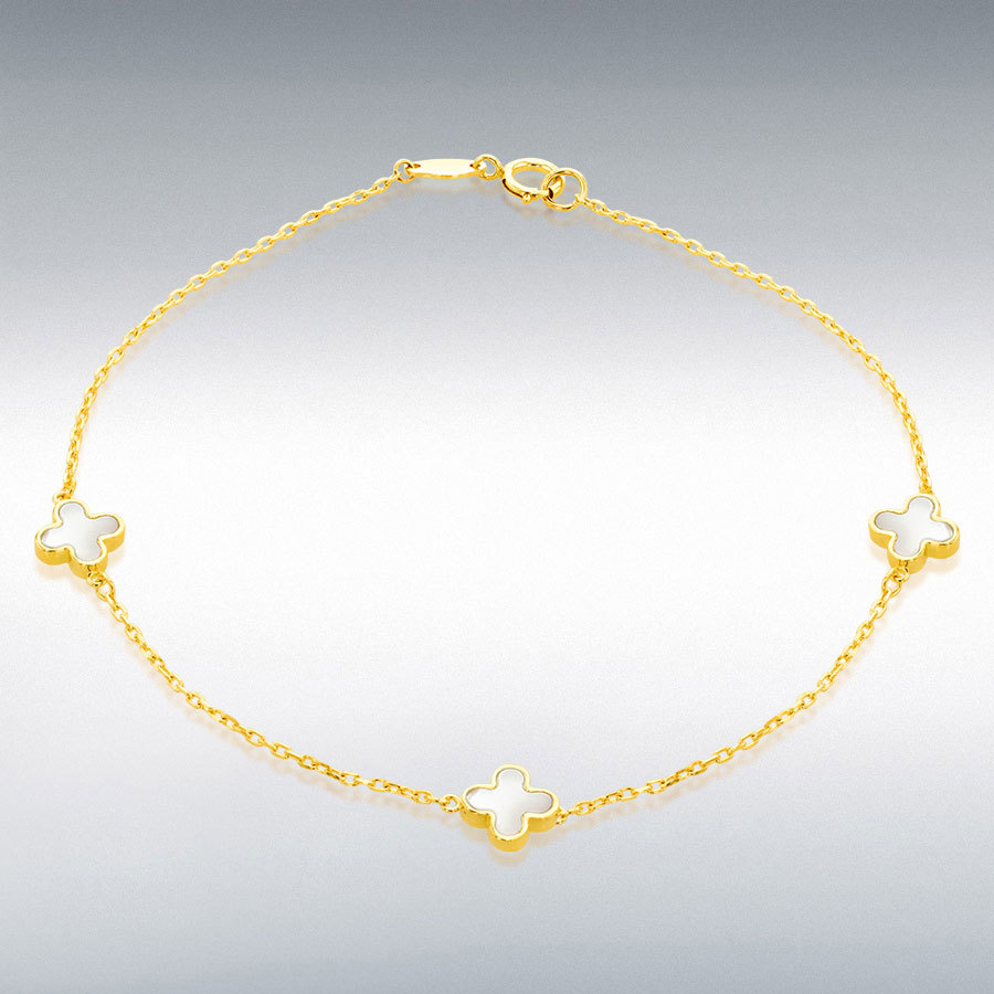 18ct Yellow Gold 3 x 6.5mm Mother of Pearl Clover Petals Bracelet 19cm/7.5"