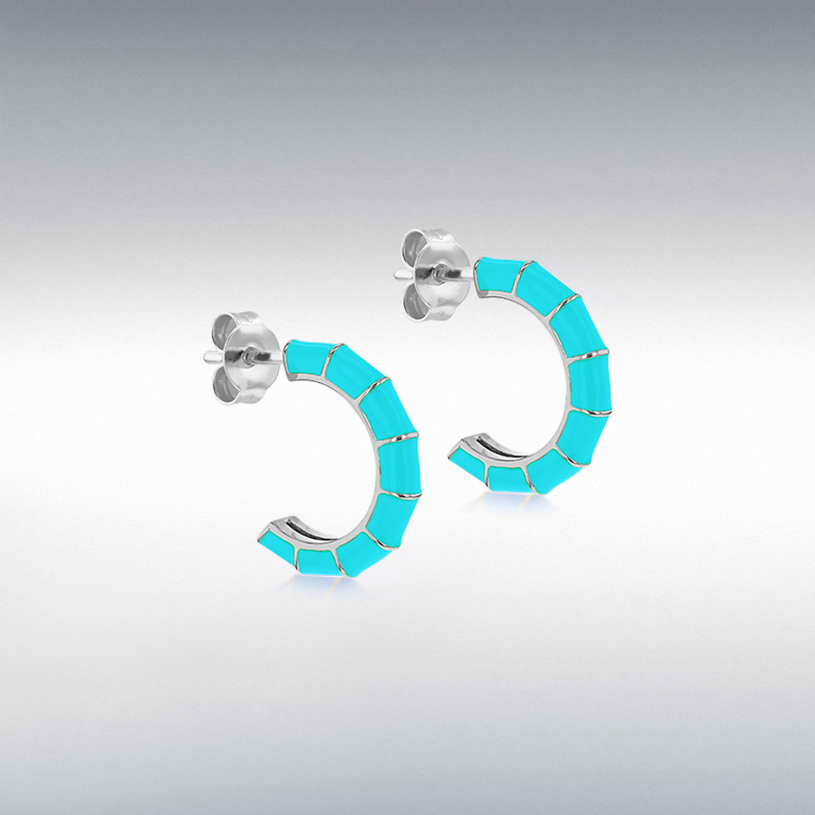 Sterling Silver Rhodium Plated 3mm x 16.5mm Turquoise Enamel Half-Hoop Stud Earrings