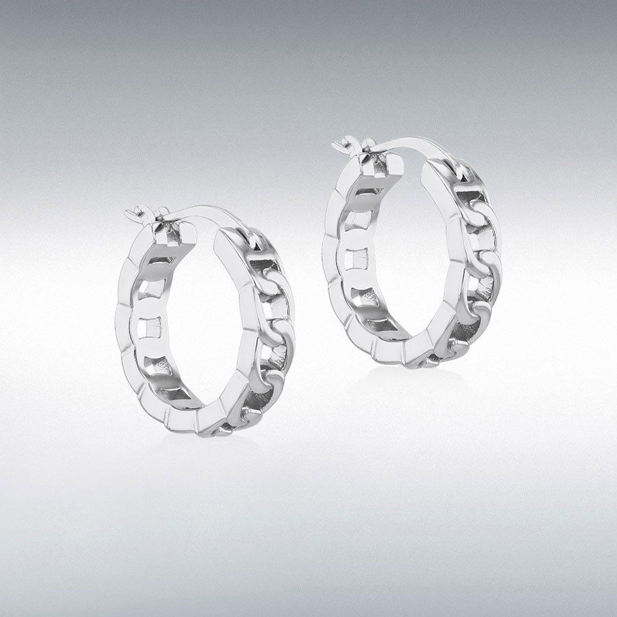 Sterling Silver Rhodium Plated 12.5mm Curb Chain Hoop Earrings 