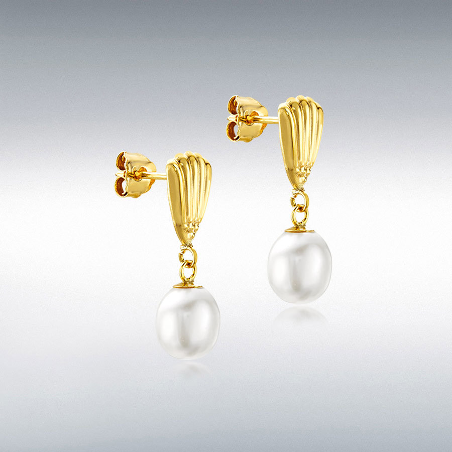 9ct Yellow Gold 7mm x 9mm Freshwater Pearl  Shell Drop Earrings  