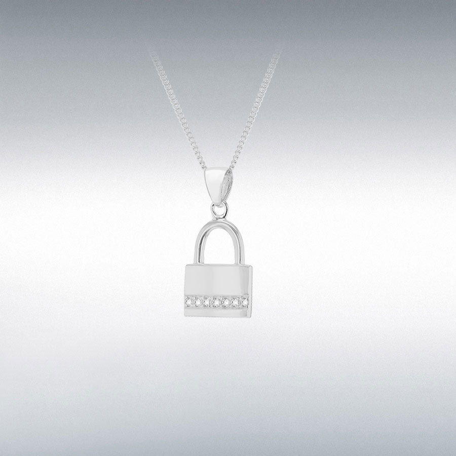 Sterling Silver Rhodium Plated CZ 10.5mm x 22mm Padlock Pendant