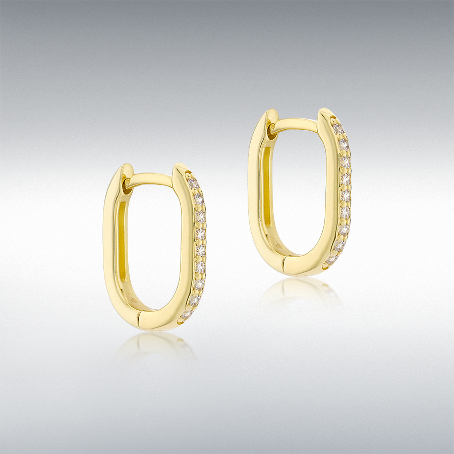 9ct Yellow Gold CZ 10.5mm x 13.5mm Rectangular Hoop Creole Earrings