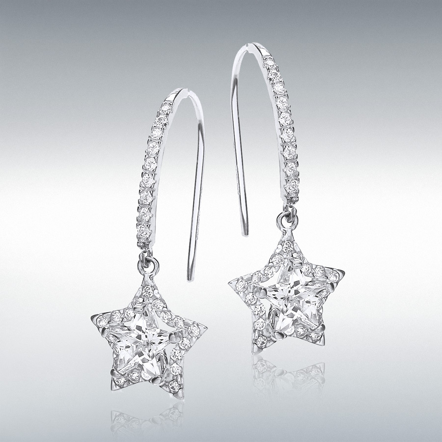 9ct White Gold Star CZ 12mm x 28mm Drop Earrings