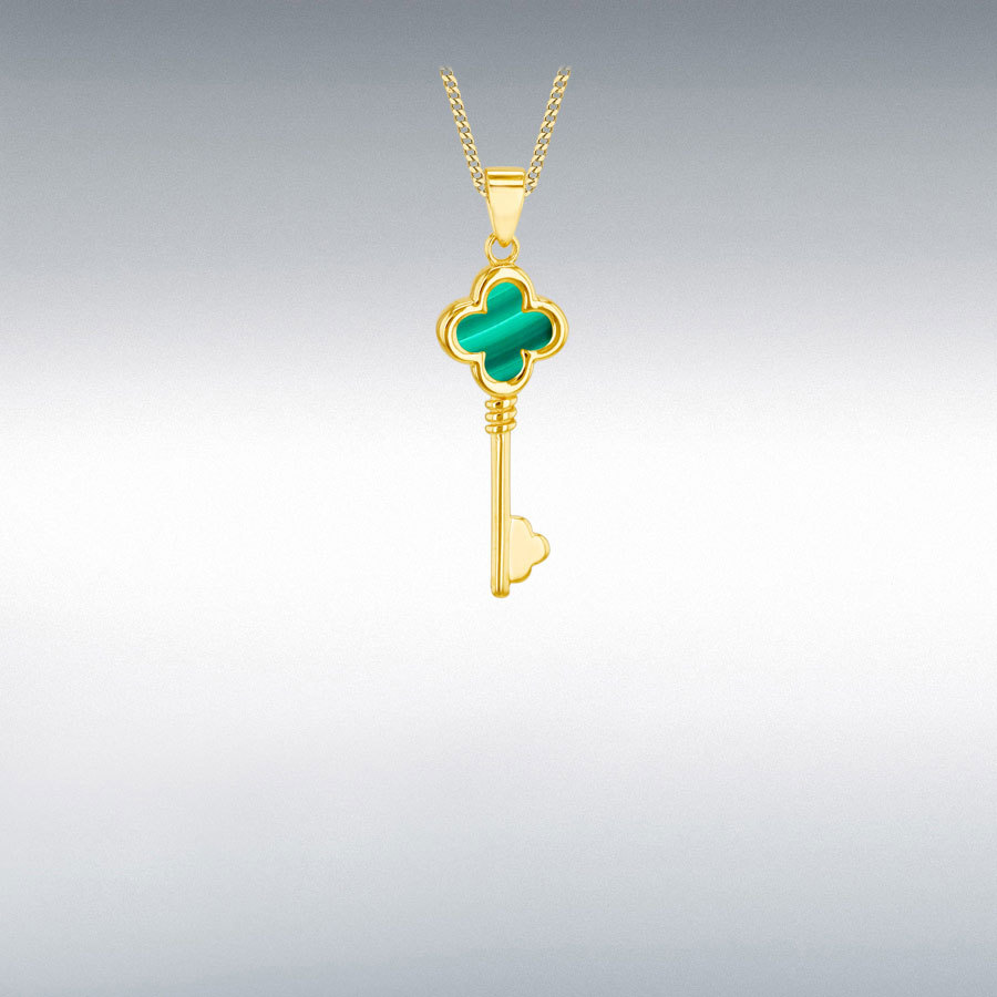 9ct Yellow Gold 9mm Malachite Clover Key Pendant