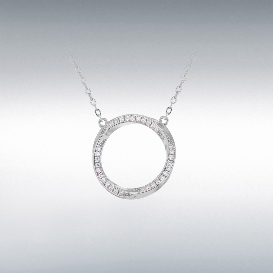 Sterling Silver Rhodium Plated CZ 19.5mm Twisted-Circle Adjustable Necklace 42cm/16.5"-46cm/18"