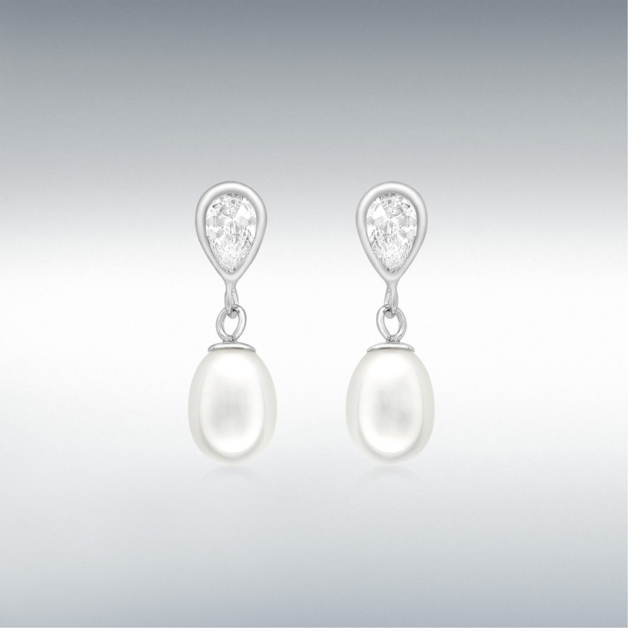 9ct White Gold Freshwater Pearl and CZ 5mm x 17mm Teardrop Earrings