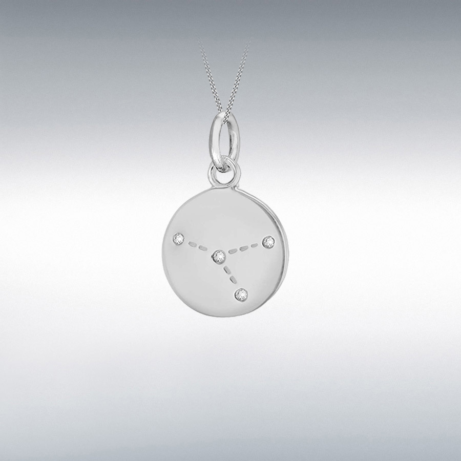 Sterling Silver Rhodium Plated CZ 12mm x 18.5mm Cancer Constellation Disc Pendant