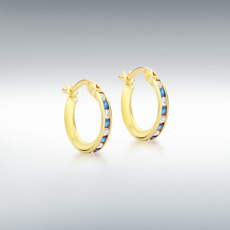 9ct Yellow Gold 34-Stone 2mm Round Blue and White CZ 2.5mm Band 14mm Hoop Creole Earrings