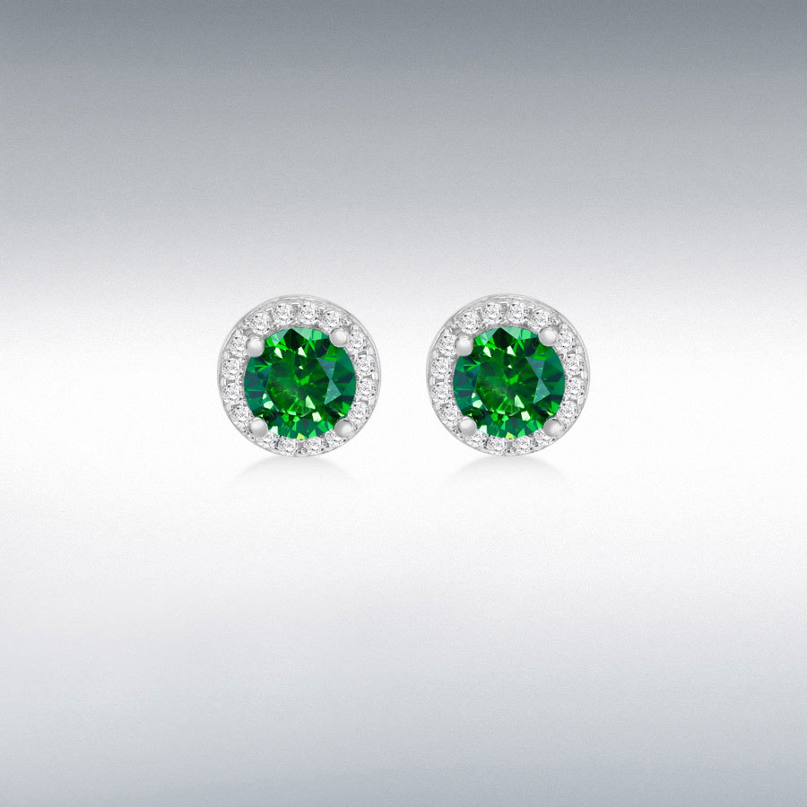 Sterling Silver Rhodium Plated Green and White CZ Halo Stud Earrings