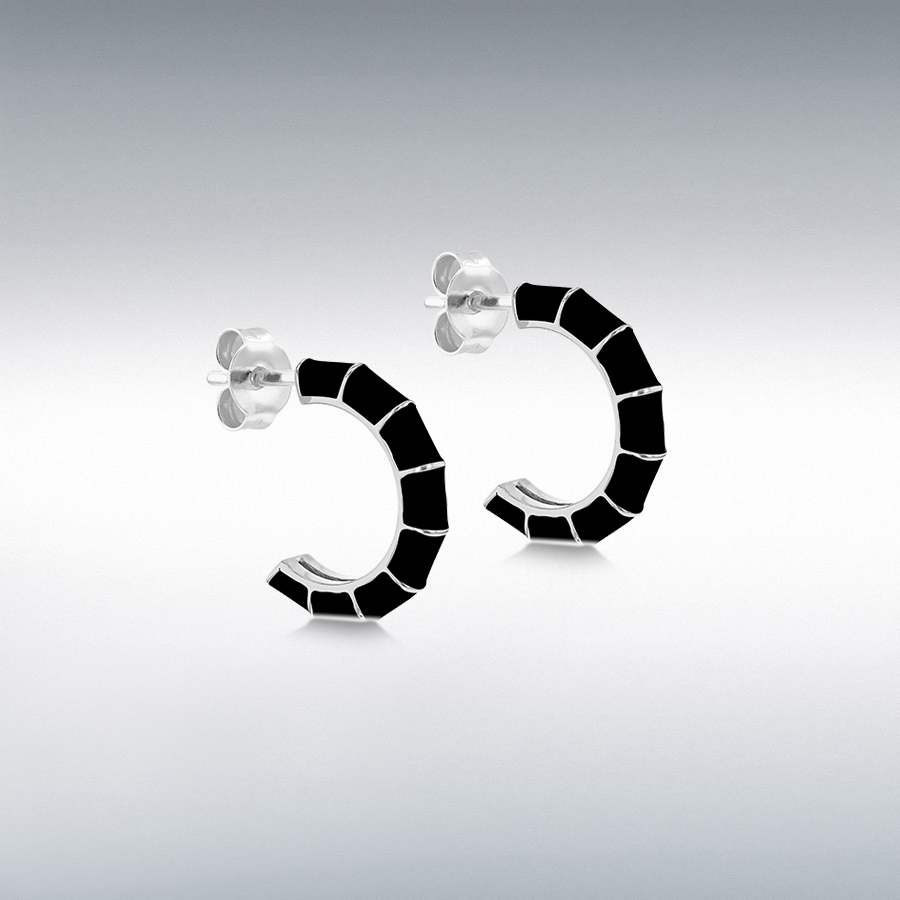 Sterling Silver Black Enamel Half-Hoop Stud Earrings