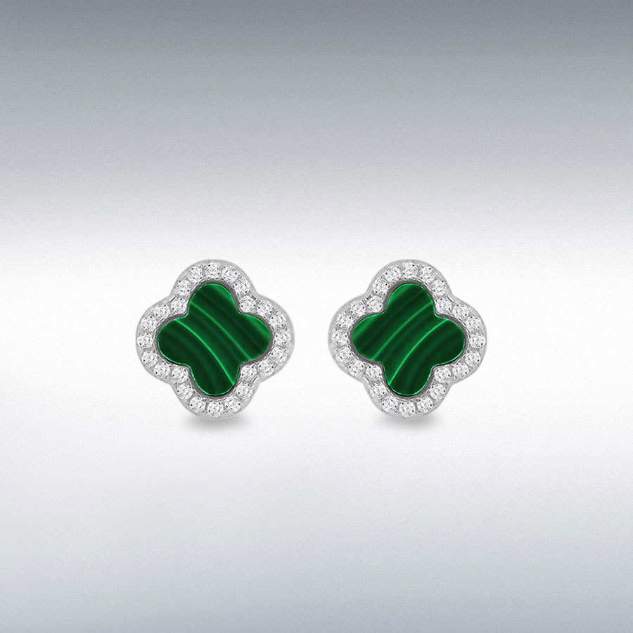 Sterling Silver Rhodium Plated 11mm Clover Malachite and 1.1mm White CZ Stud Earring