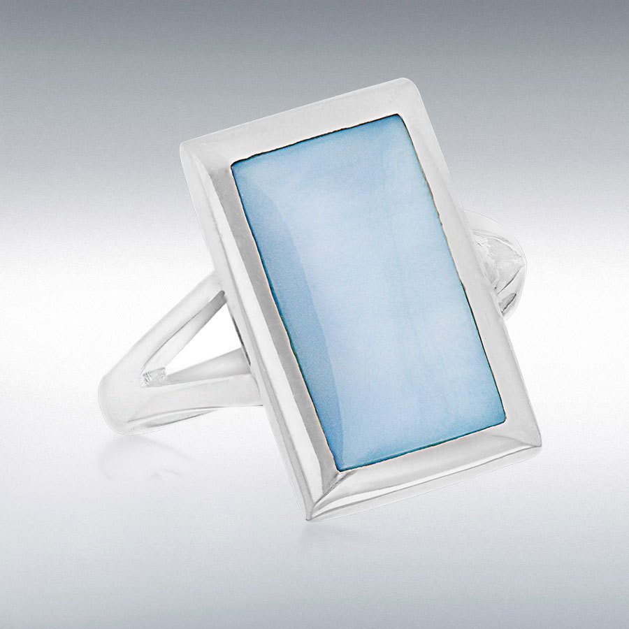 Sterling Silver Blue Mother of Pearl 12mm x 18.5mm Rectangular Split-Shoulder Ring