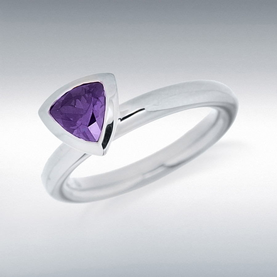 Sterling Silver Rhodium Plated Triangular Purple CZ Stacking Ring