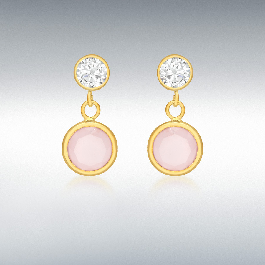 9ct Yellow Gold CZ and Pink Crystal 5.5mm x 12mm Drop Earrings