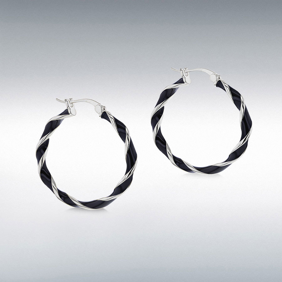 Sterling Silver Rhodium Plated 31mm Black Enamel Large Twister Hoop Creole Earrings