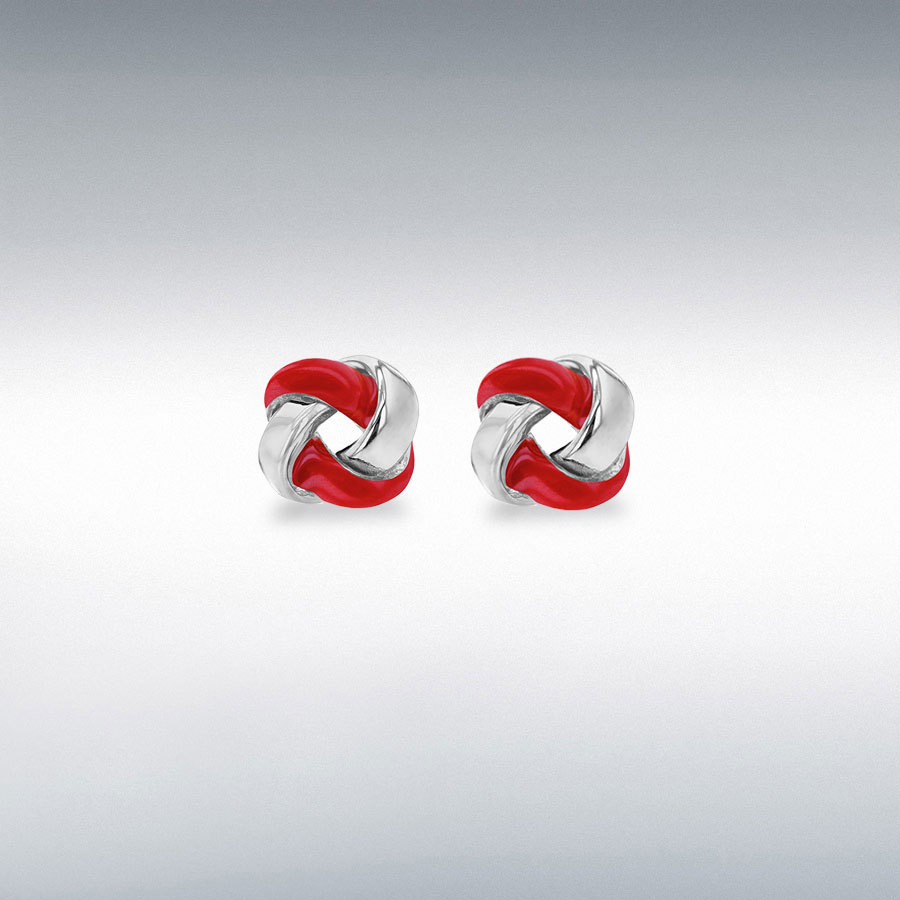 Sterling Silver Rhodium Plated 7.5mm Red Enamel Small Knot Stud Earrings