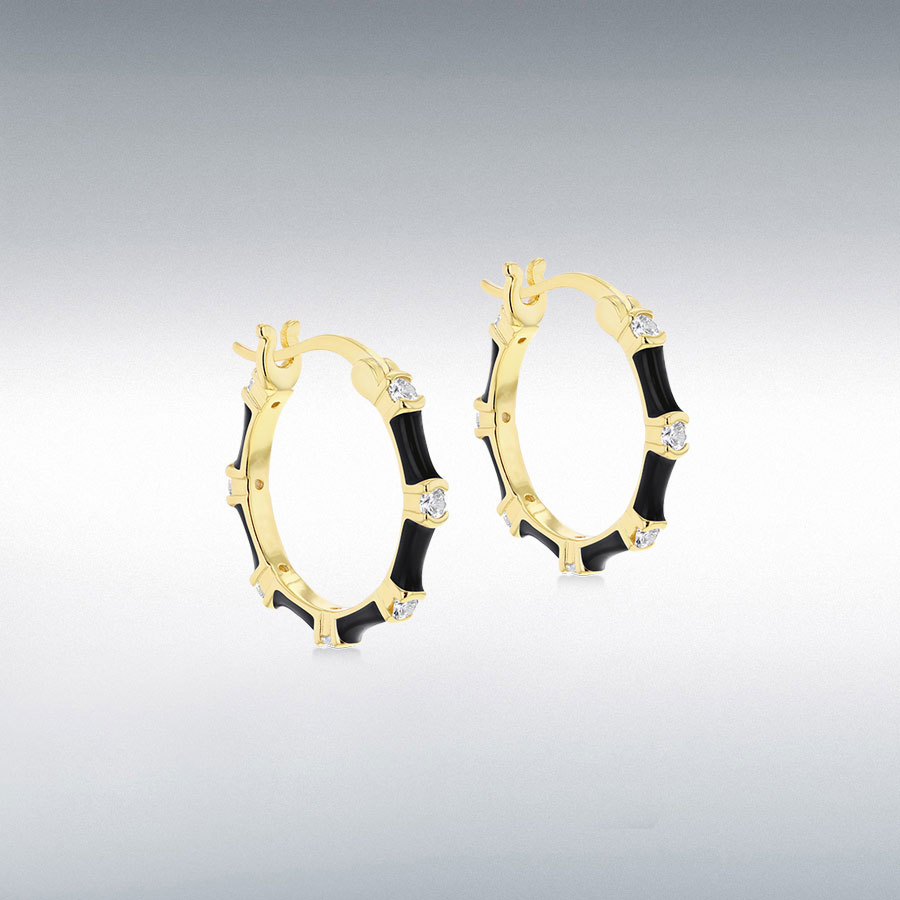 Sterling Silver Yellow Gold Plated 2mm Round White CZs 20mm Black Enamel Hoop Creole Earrings