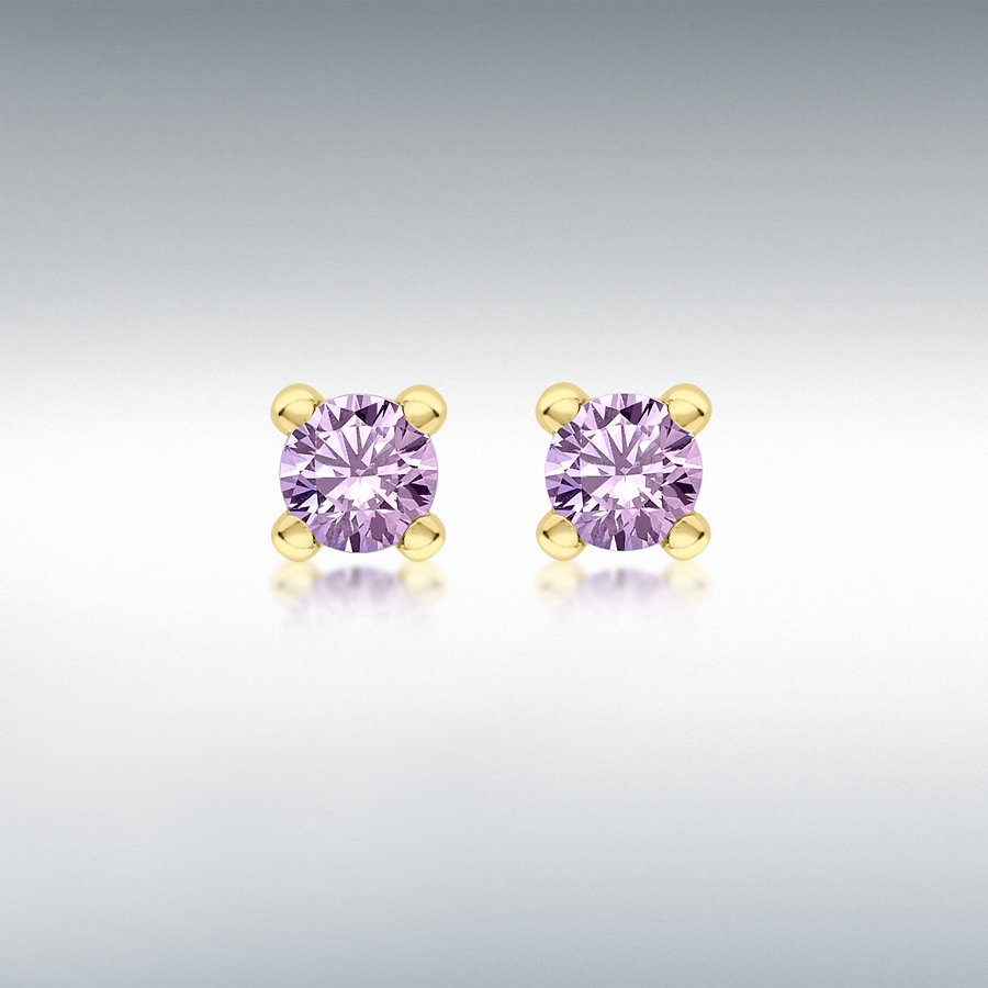 9ct Yellow Gold Purple 4mm CZ February Birthstone Stud Earrings