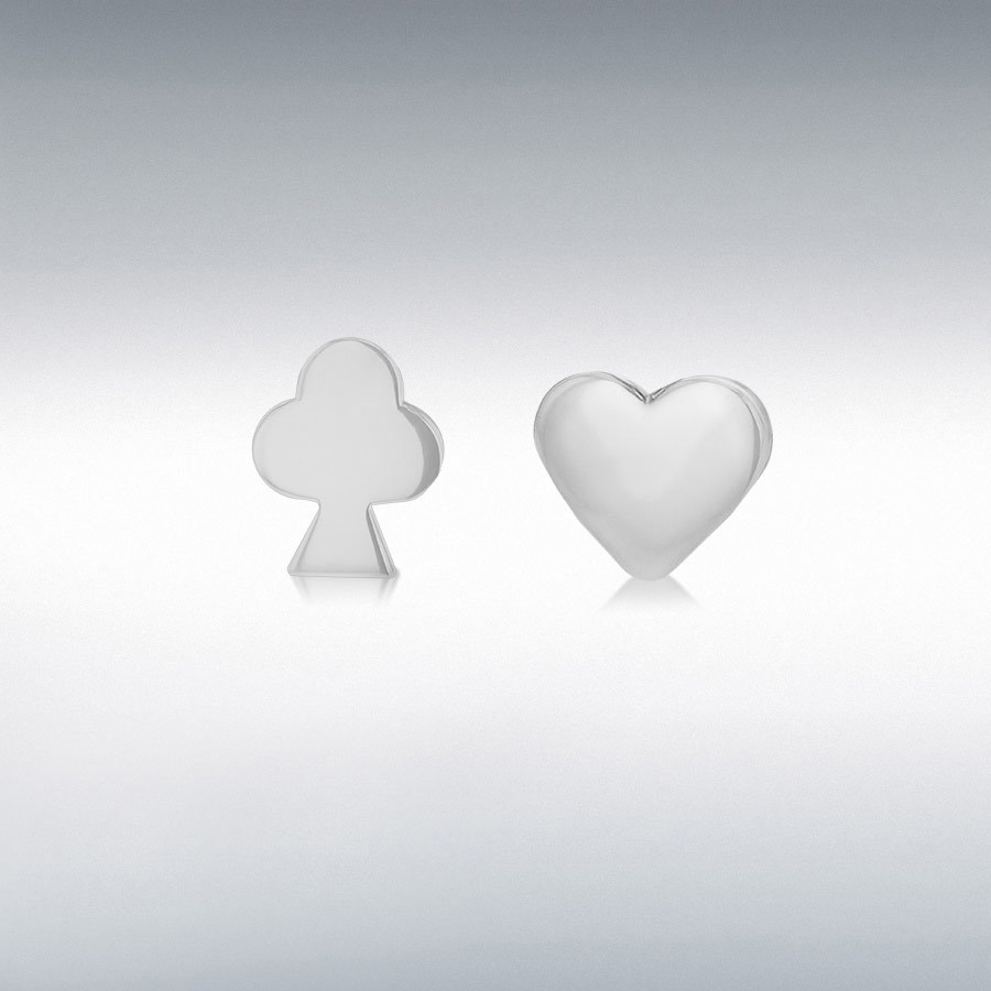 Sterling Silver 7.5mm x 6.5mm 'Heart' and 6mm x 8mm 'Club' Asymmetric Stud Earrings