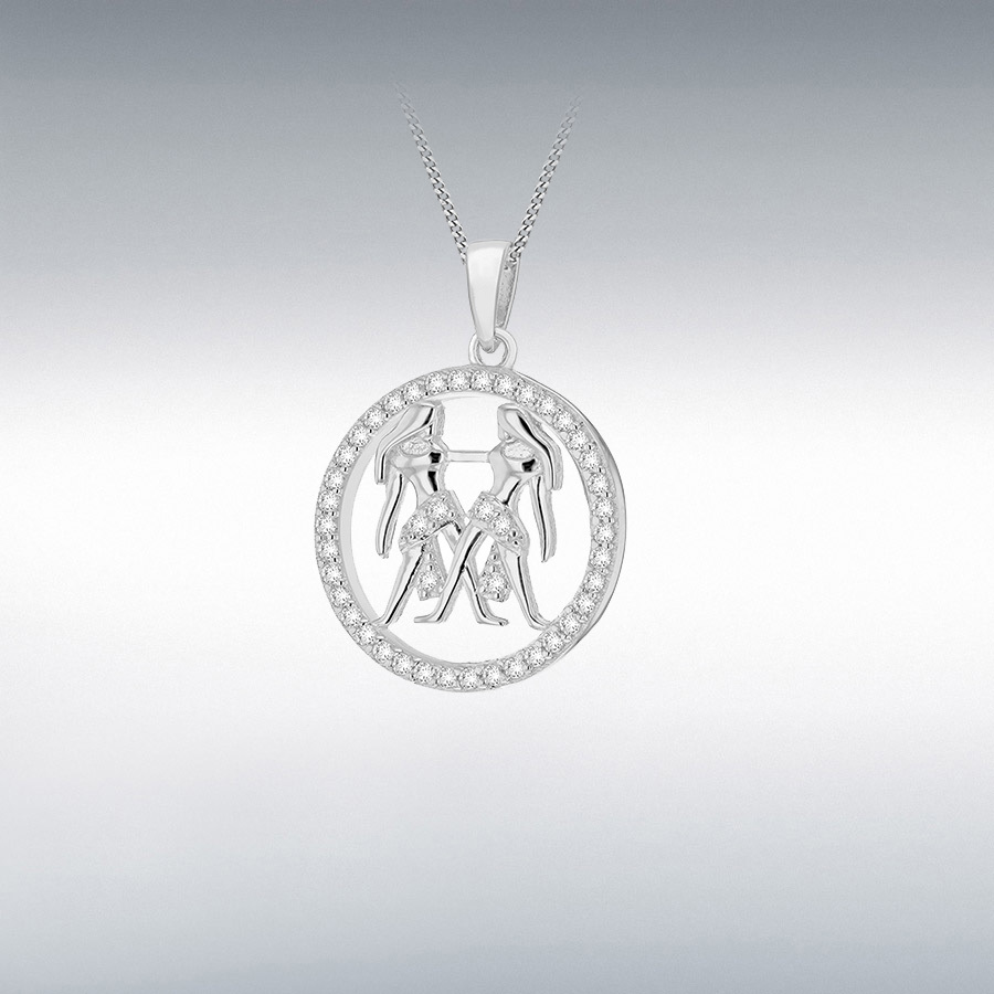 Sterling Silver Rhodium Plated CZ 19.3mm x 26.5mm Gemini Zodiac Round Pendant