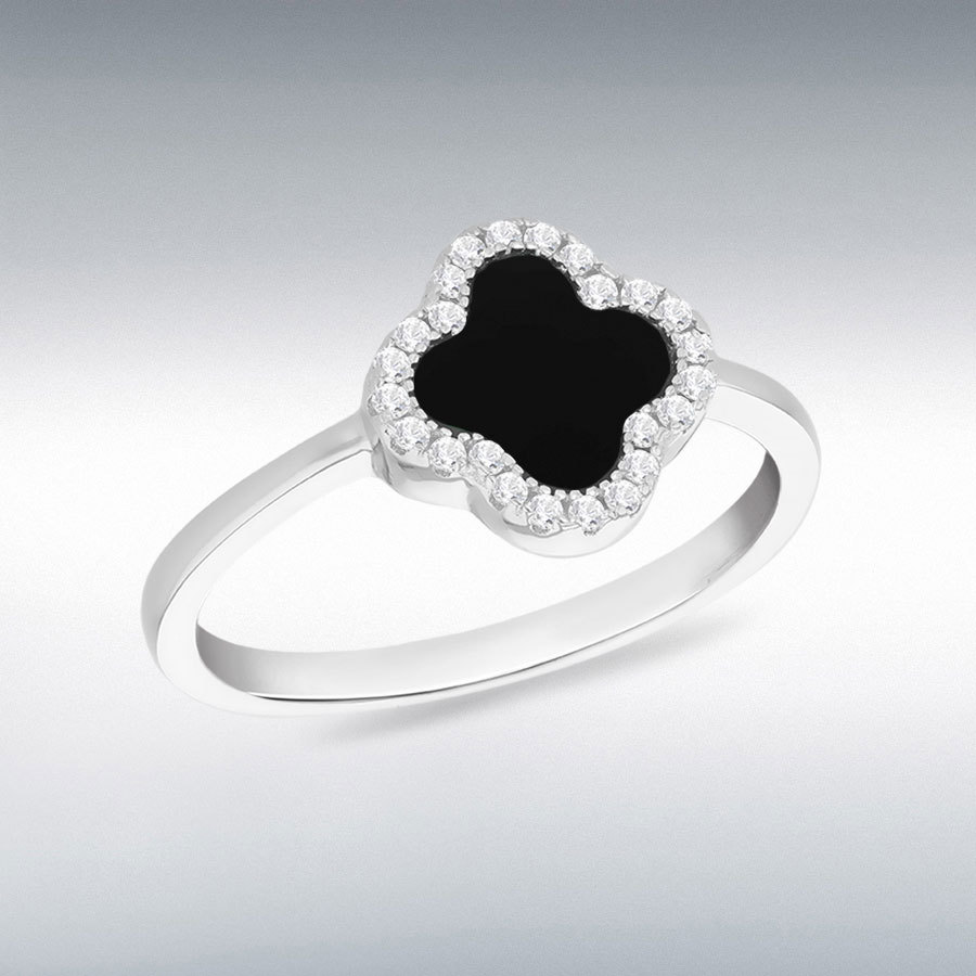 Sterling Silver Rhodium Plated 11mm Clover Black Agate and 1.1mm White CZ Ring