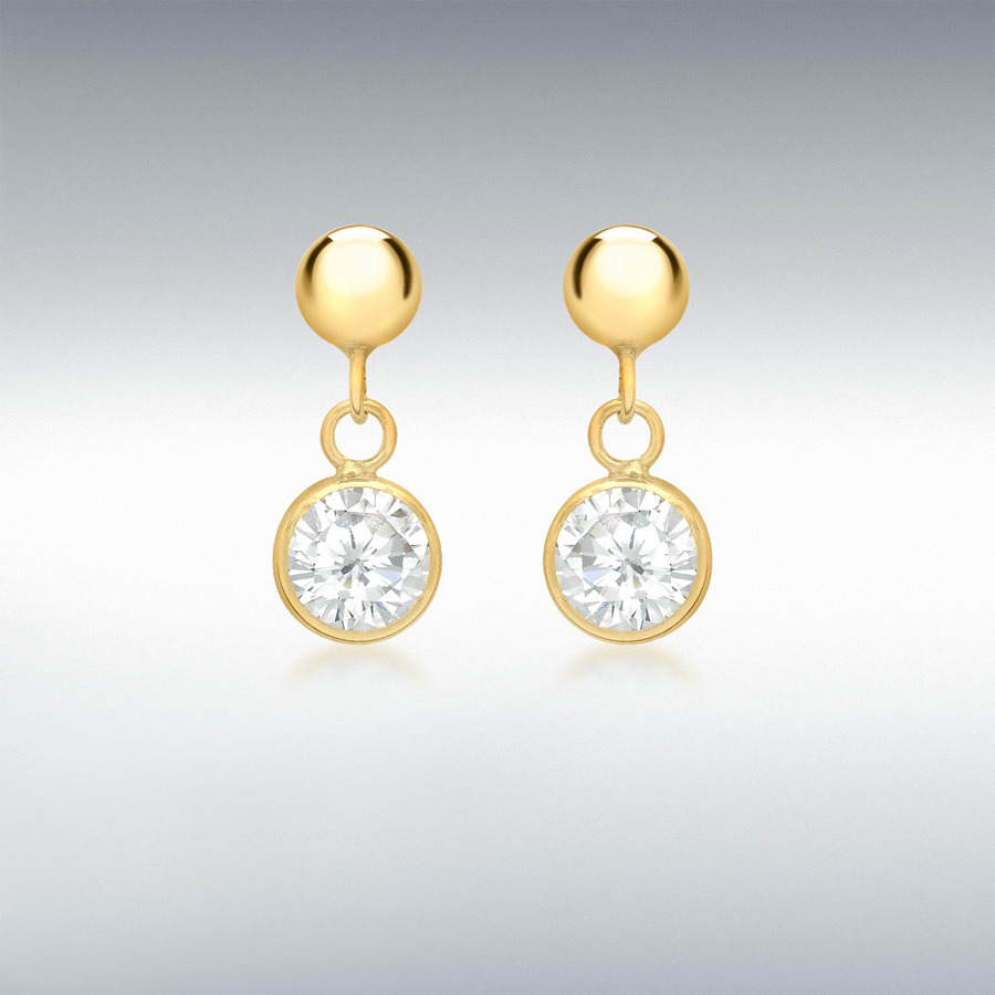 9ct Yellow Gold 5mm CZ and Ball 5.5mm x 13mm Drop Earrings