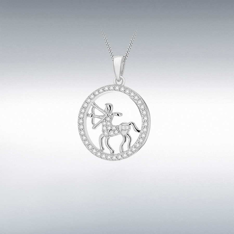 Sterling Silver Rhodium Plated CZ 19.3mm x 26.5mm Sagittarius Zodiac Round Pendant