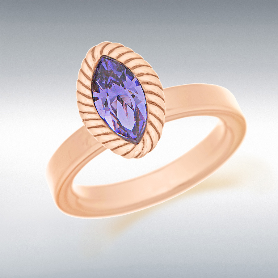 Sterling Silver Rose Gold Plated Marquise Purple Crystal Twist Stacking Ring