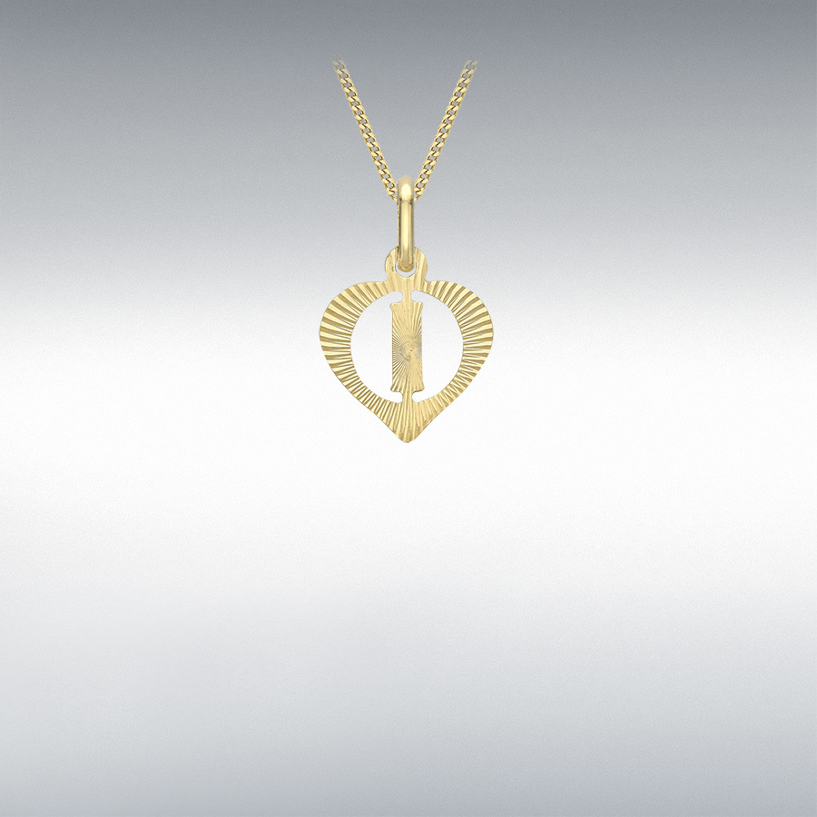 9ct Yellow Gold 10.5mm x 16.5mm Diamond Cut 'I' Initial Heart Pendant