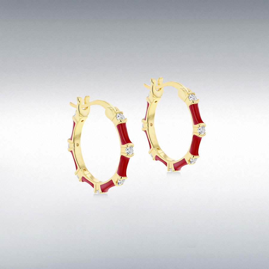 Sterling Silver Yellow Gold Plated 2mm Round White CZs 20mm Red Enamel Hoop Creole Earrings