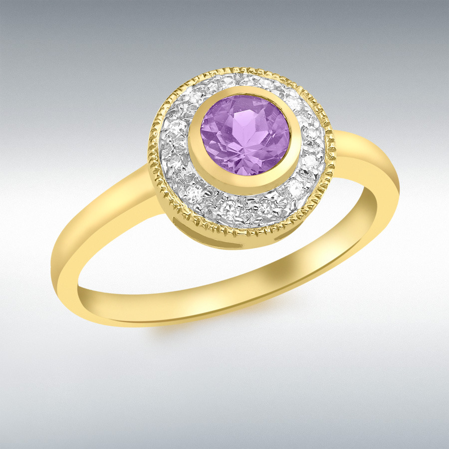 9ct Yellow Gold 0.07ct Diamond and Amethyst Ring