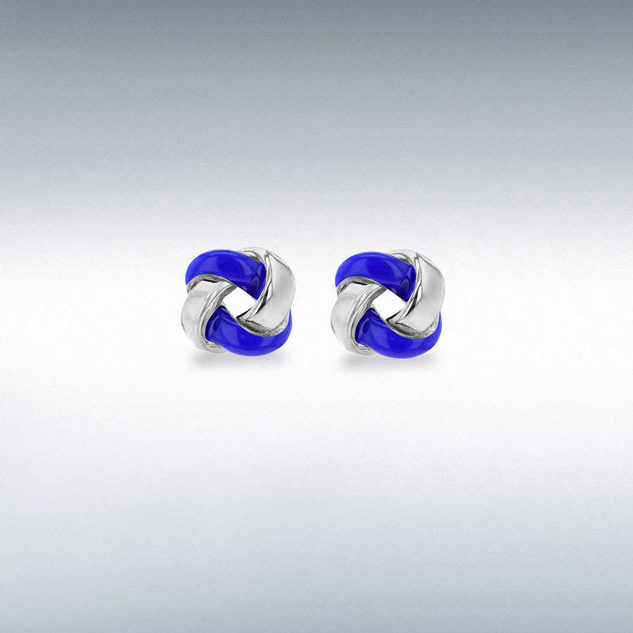 Sterling Silver Rhodium Plated 7.5mm Blue Enamel Small Knot Stud Earrings