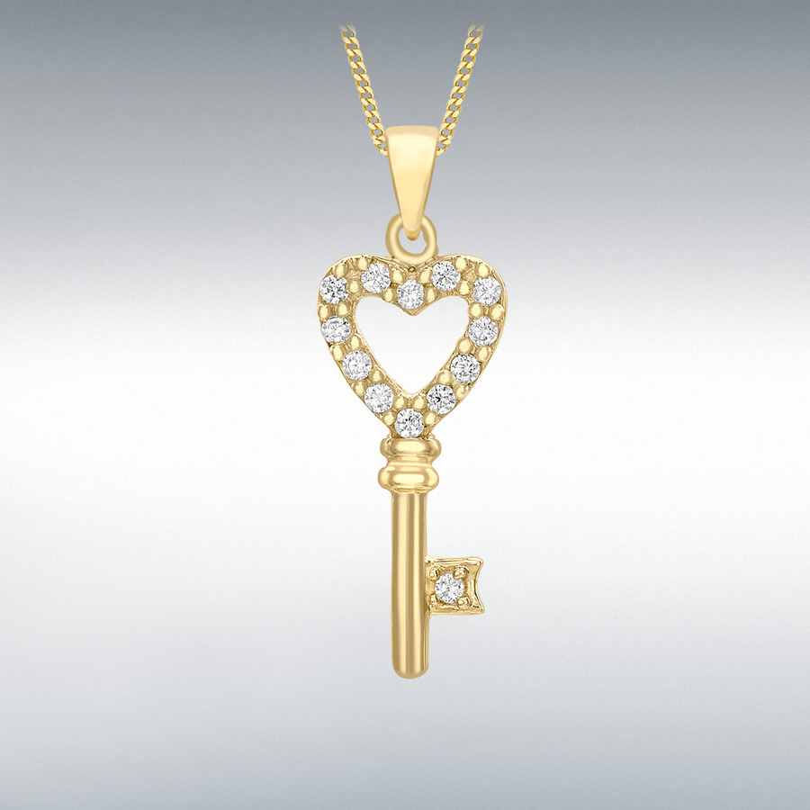 9ct Yellow Gold CZ 9mm x 28mm Heart Key Pendant