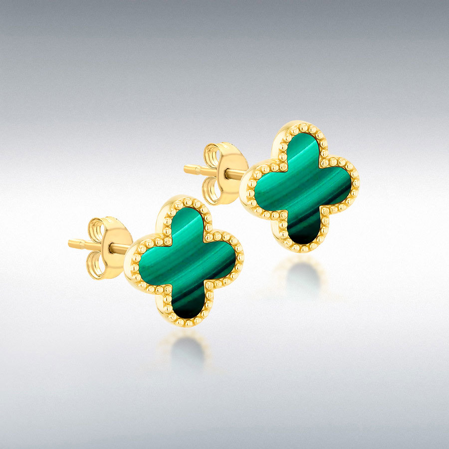 9ct Yellow Gold 11.4mm x 11.4mm Clover Malachite Stud Earring