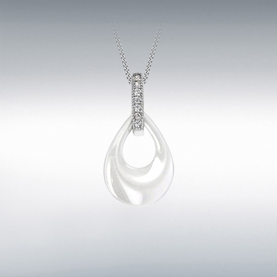 Sterling Silver Rhodium Plated CZ White Ceramic Teardrop Pendant