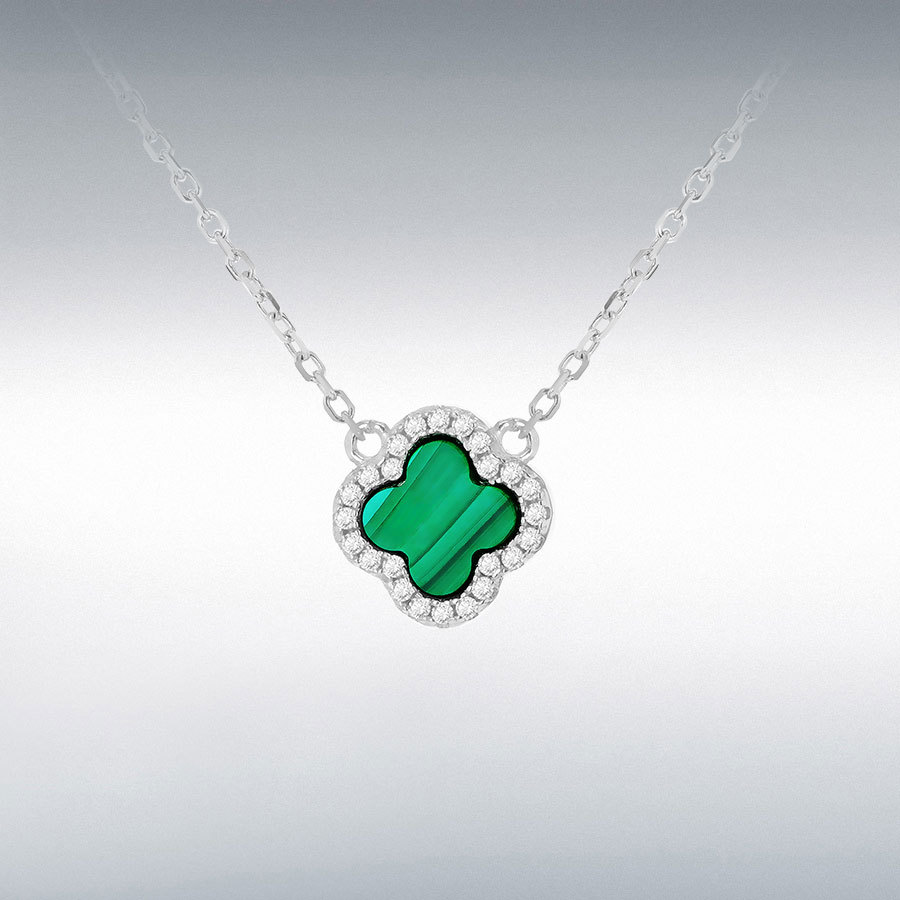 Sterling Silver Rhodium Plated 11mm Clover Malachite and 1.1mm White CZ Adjustable Necklace 40cm/15.75" 45cm/17.75"