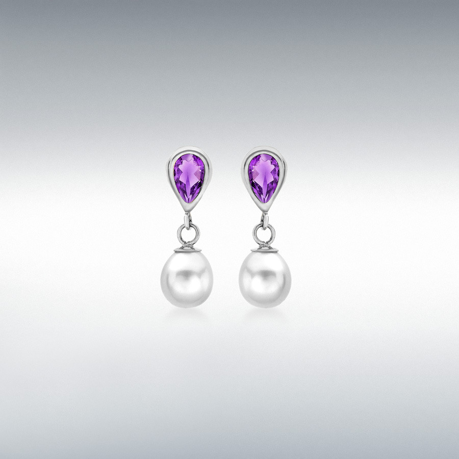 9ct White Gold Amethyst and Freshwater Pearl 6mm x 18mm Drop Earrings