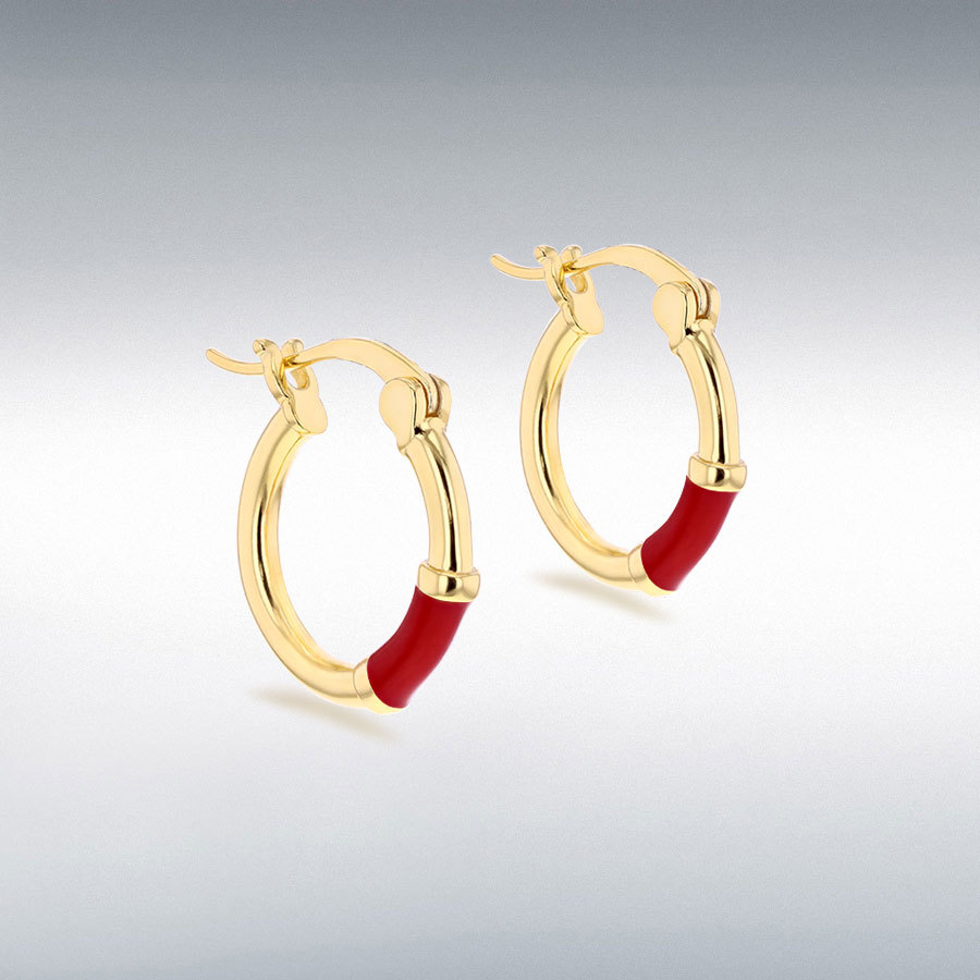 Sterling Silver Yellow Gold Plated 15mm Red Enamel Hoop Earrings