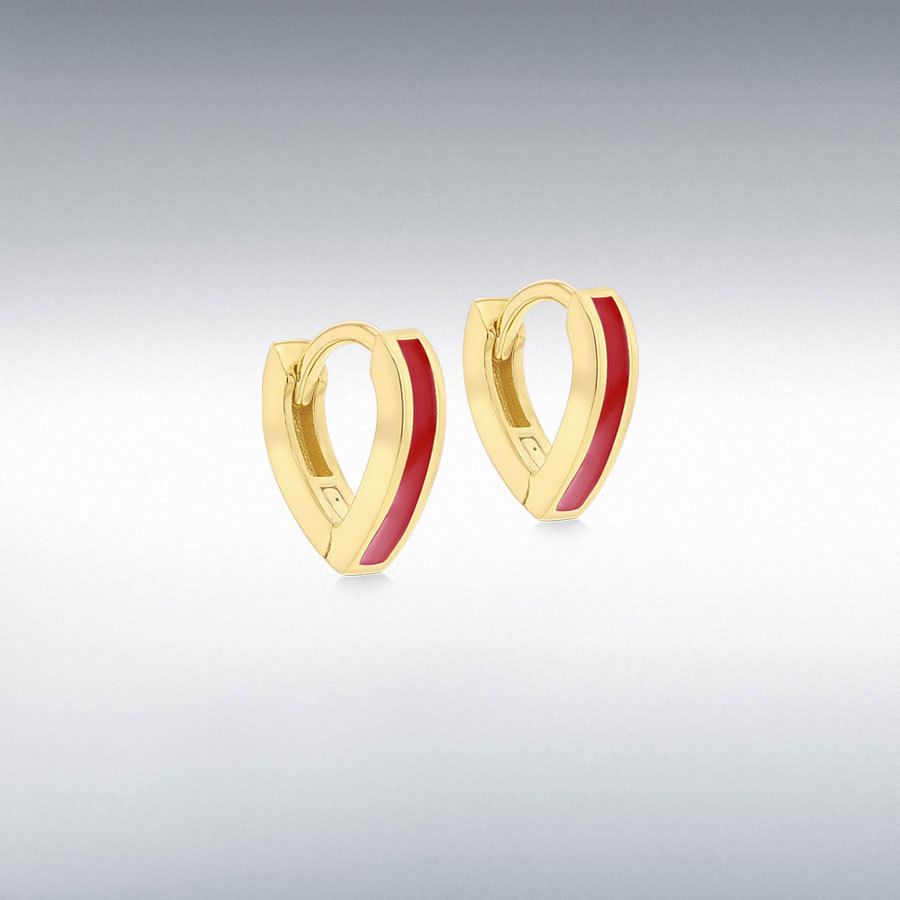 Sterling Silver Yellow Gold Plated Red Enamel V-Shape Huggie Hoop Earrings