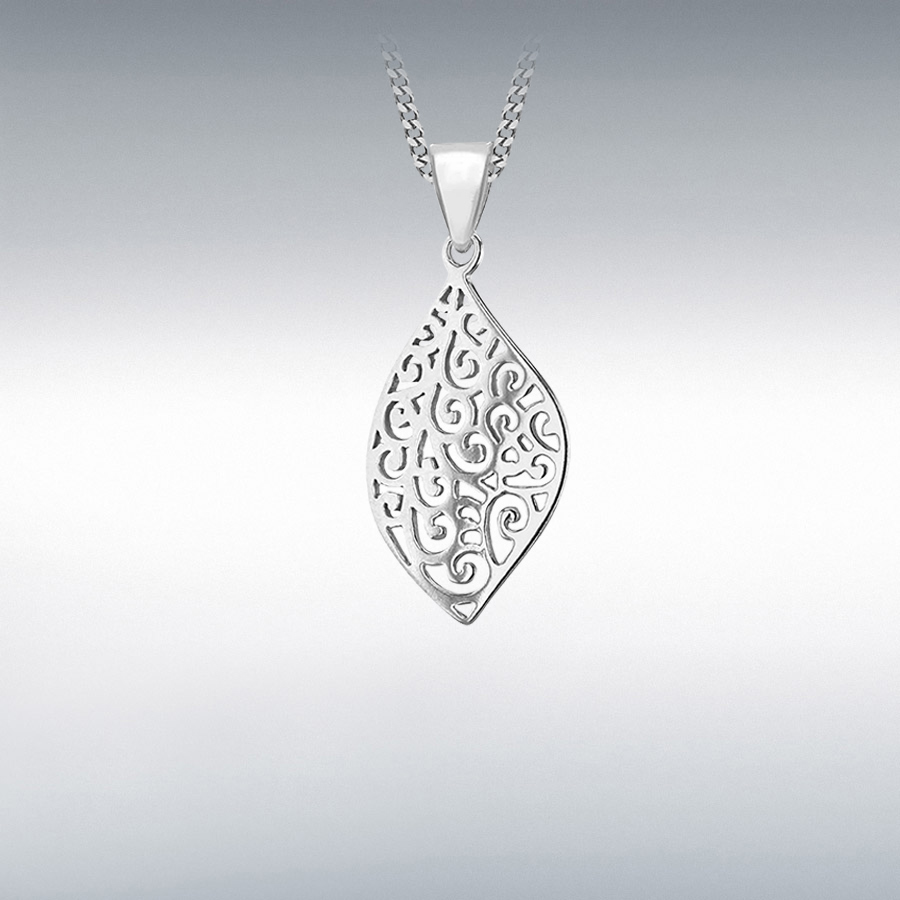 Sterling Silver 15.5mm x 33.5mm Curved Filigree-Leaf Pendant